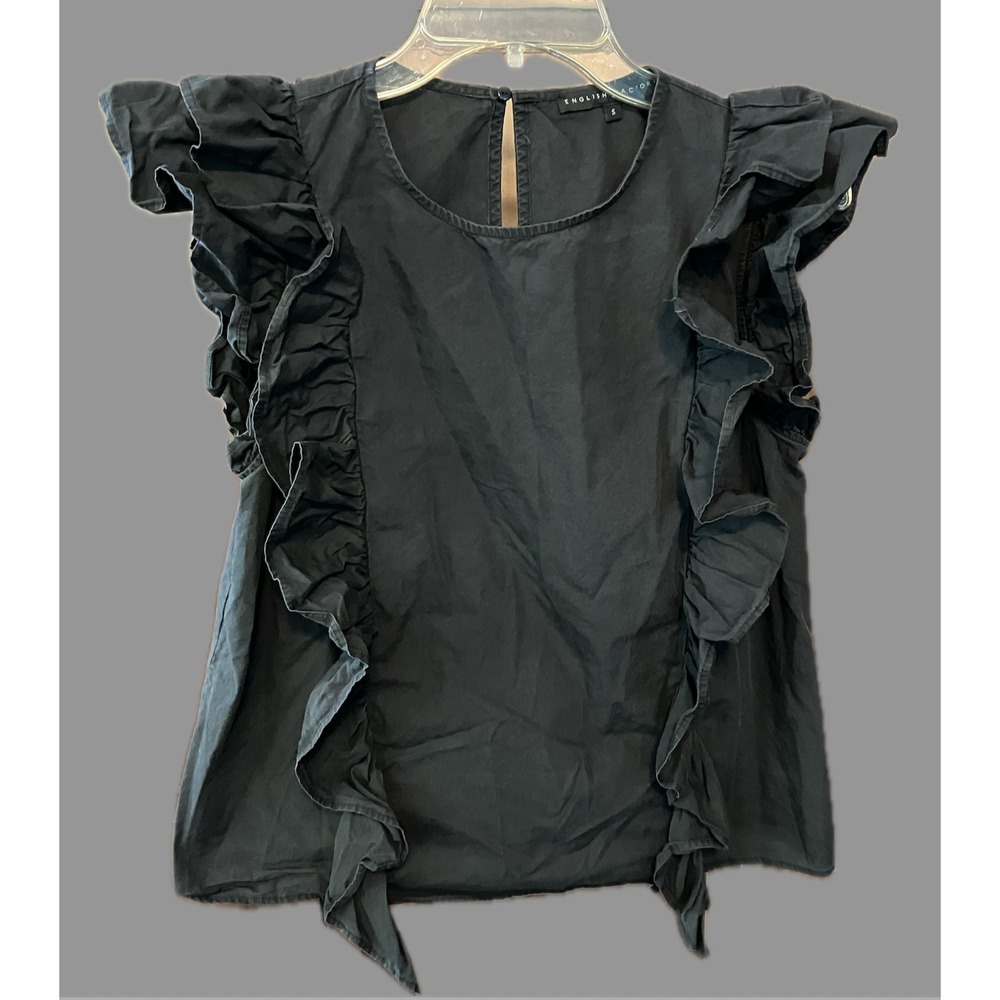 ENGLISH FACTORY Black Poplin Sleeveless Top RUFFLE TRIM w/FLUTTER SLEEVE sz S